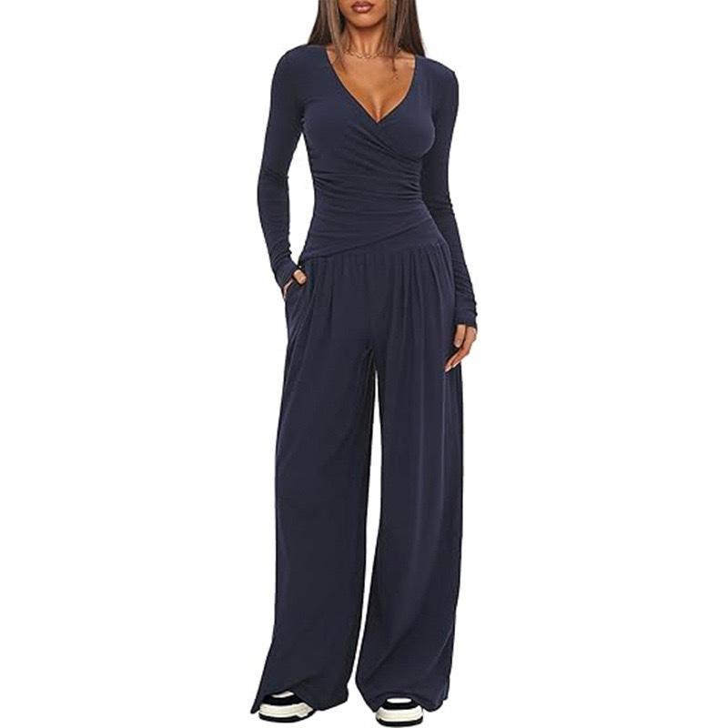 Women Casual Solid Loose Wide Leg Pants And Top Two Piece Set
