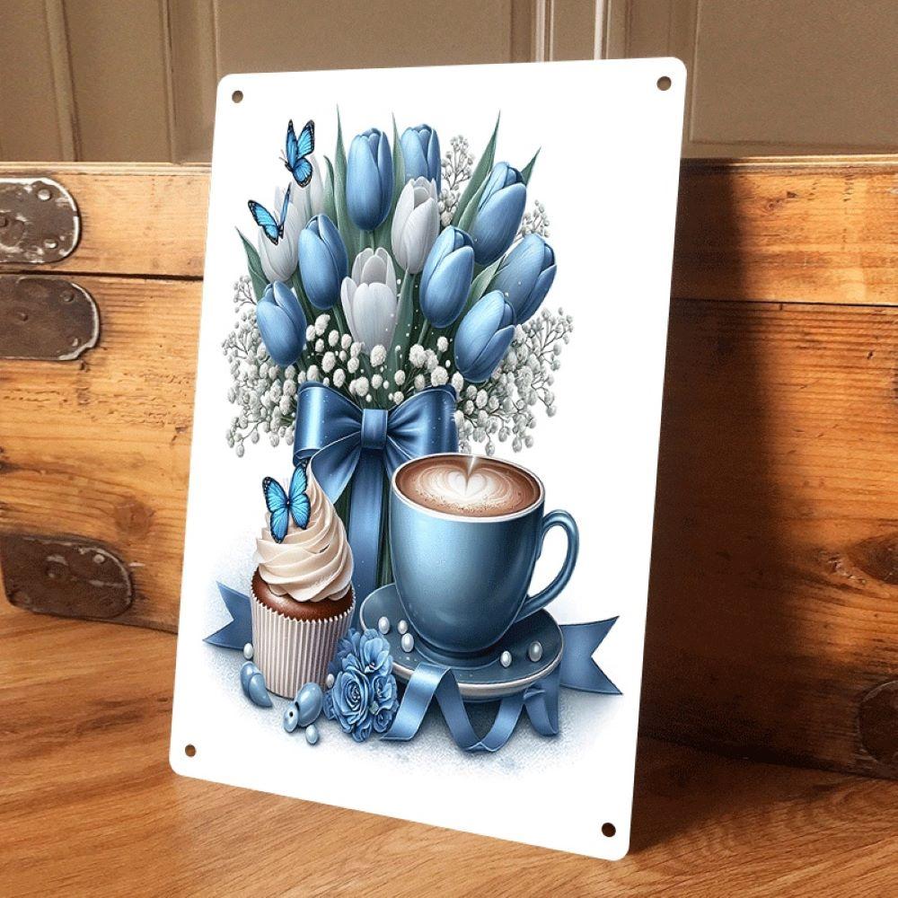

1 piece of blue tulip bouquet and coffee cup illustration tin painting, modern minimalist living room/dining room wall decoratio (as the picture,20x30cm)