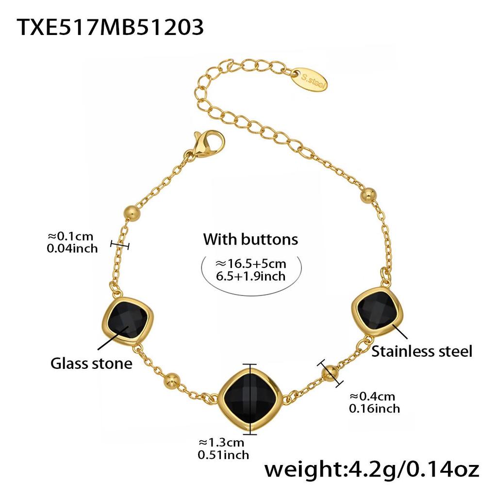 Geometric Glass Stone Earrings & Stainless Steel Bead Necklace Bracelet Set - Multi-color Patchwork Jewelry
