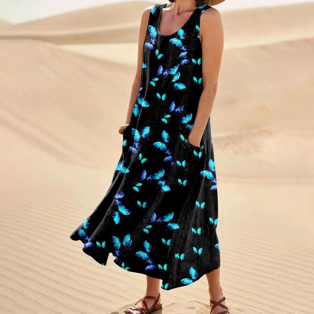 Women's Casual Fashion Flower Printed Sleeveless Pocket Dress