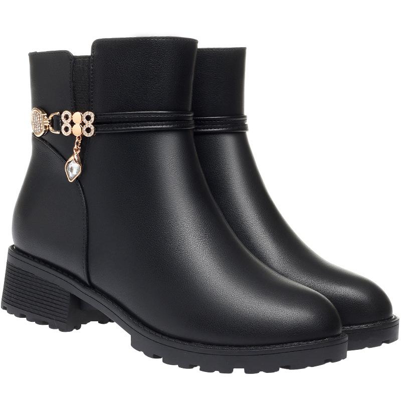 Coarse-heeled Short Boots Women's Velvet, Autumn and Winter Large Cotton Leather Shoes Soft Leather Mother Cotton Shoes  Elderly Thick-haired Boots