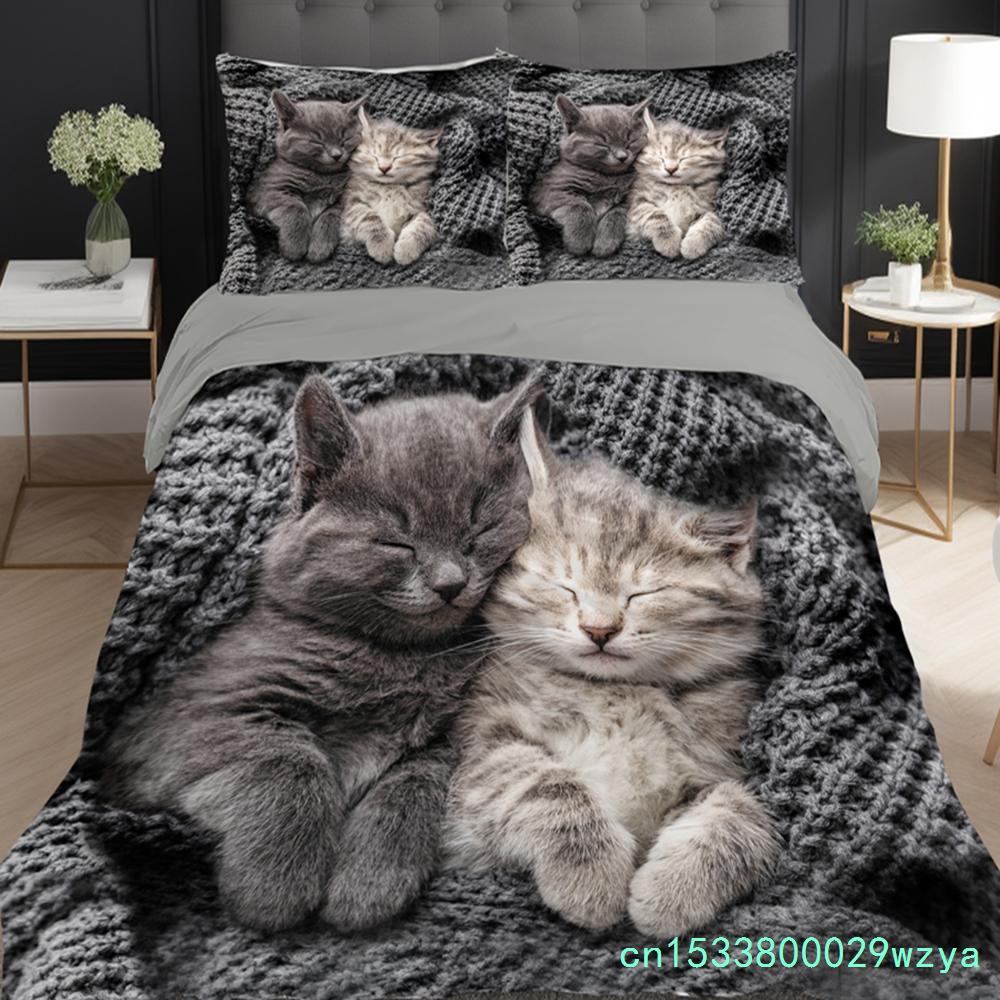 Adorable Cat Printed Duvet Cover Pillowcase Soft Bedding Accessories Home Decor Cute Animal Theme Quilt Covers