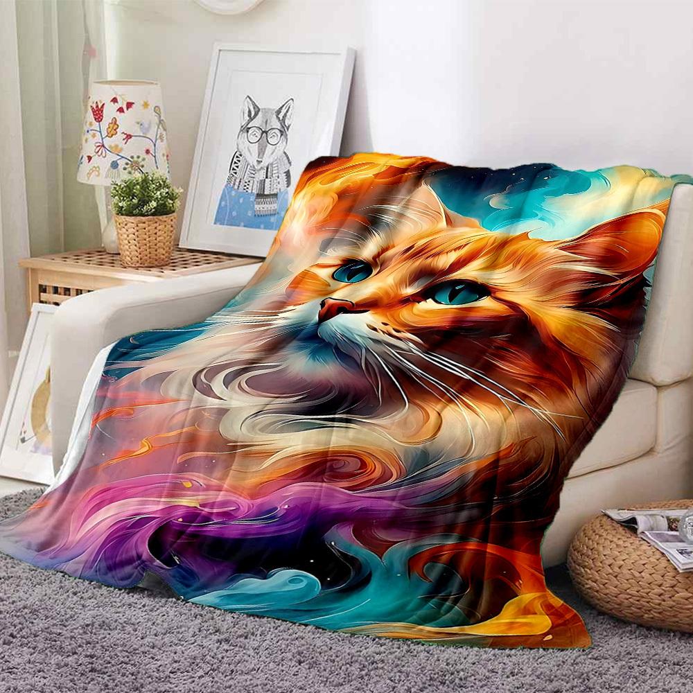 1pc Feline Whimsy Print Blanket Lightweight Flannel Throw Blanket For Sofa, Bed, Living Room, Office, Outdoor Travel, Camping