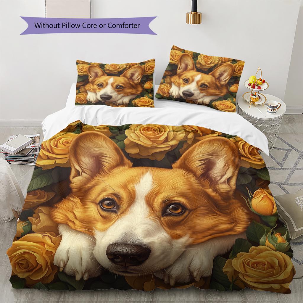 Corgi och Rosmönster Sängkläder Heminredning Födelsedagspresent (1 * påslakan + 2 * örngott, utan kärna)
