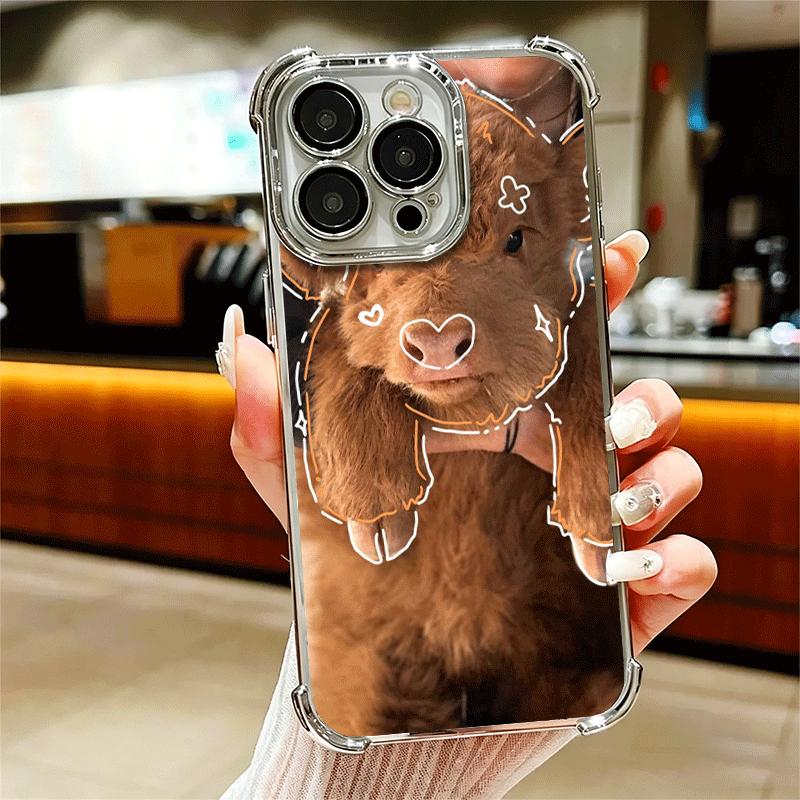 Cute Highland Cow Plating Phone Case For Iphone 16 17 Pro Max Air 16E 14 15 Plus 12 13 Mini Anti-Fall Airabag Cover