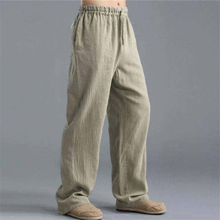 New youth male solid colour cotton linen drawstring loose casual trousers