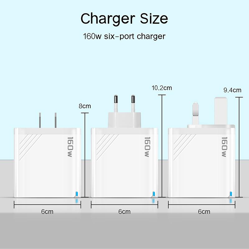 160W 6-Port Fast Charging Usb Type C Quick Charge Pd Qc3.0 Wall Charger Adapter For Iphone Xiaomi Samsung Huawei Phone Charger