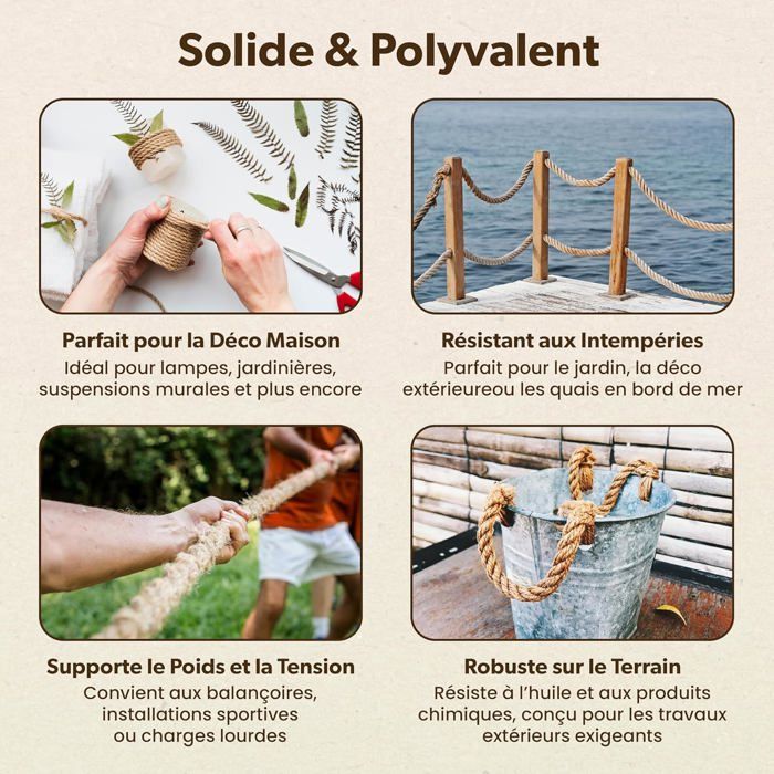 Corde en Jute - CREATIVE DECO - Torsadée - 5 m - Épaisseur 40 mm - Multi-usage