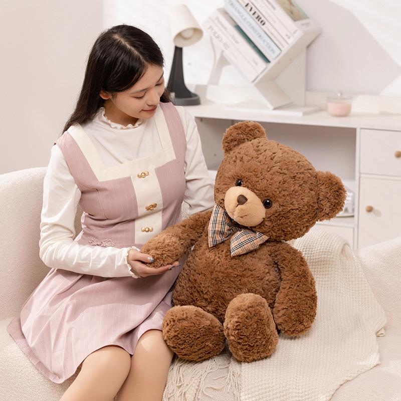Kawaii Bow Tie Bear Doll Plush Toy Brown Hug Pillow for Home Living Room Bedroom Birthday Gift Soft Stuffed Bear