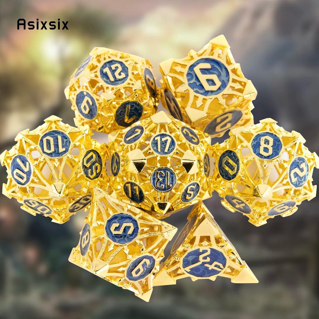 7 Pcs Yellow Blue Metal Dice Hollow Metal Polyhedral Dice Set Suitable for Role-Playing RPG    Board Game Card Game