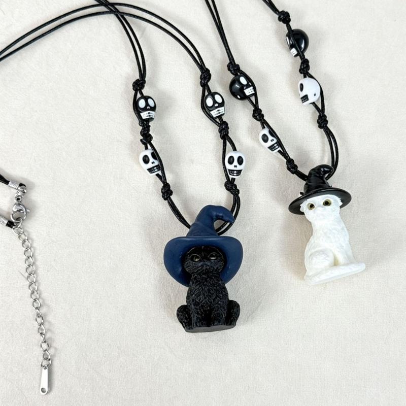 Feline Pendant Necklace with Witch Hat Charm, Lightweight Wax Cord Jewelry for Daily Wear, Party Looks, and Gift Giving