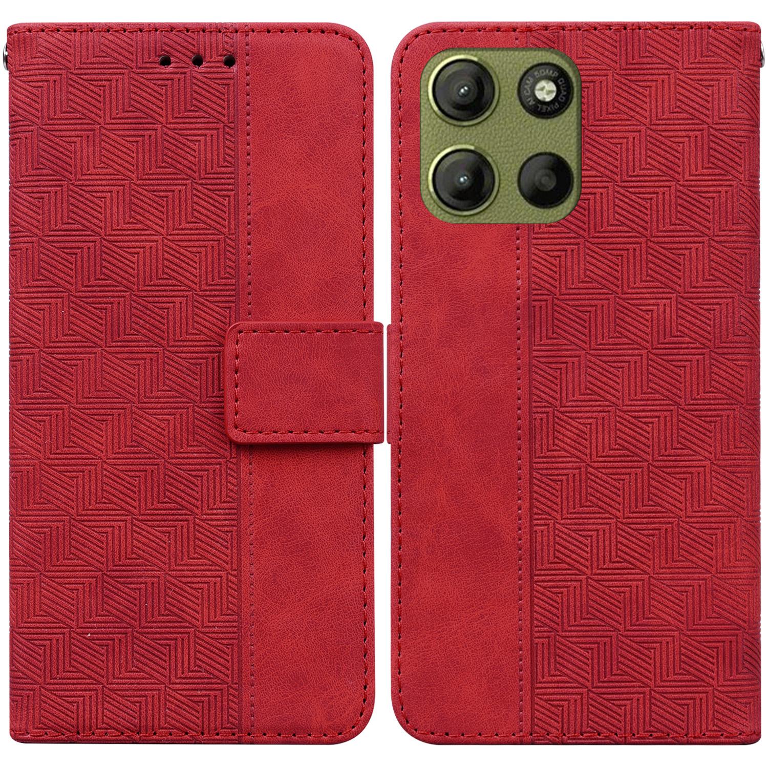 

For Motorola Moto G15 4G Case Geometry Pattern Leather Wallet Phone Cover with Wrist Strap Red