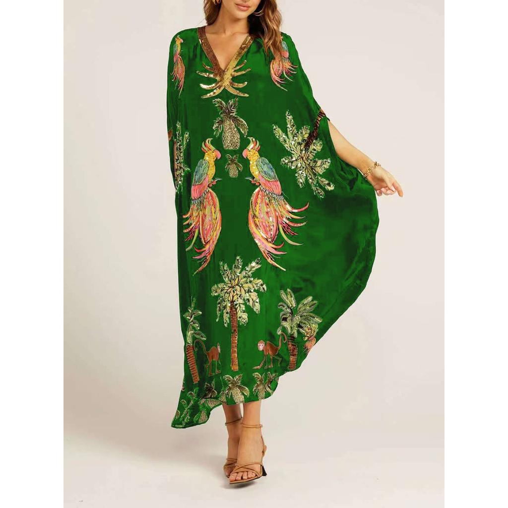 Women's V Neck Three Quarter Maxi Dress Loose Fit Mid Waist Tropical Print Kaftan Beach Dress