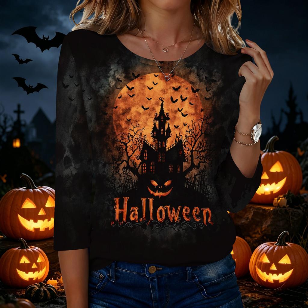 Women’s Casual Halloween Printed Crew Neck Three Quarter Sleeve T Shirt with House Pumpkin and Bat Design for Holiday Wear