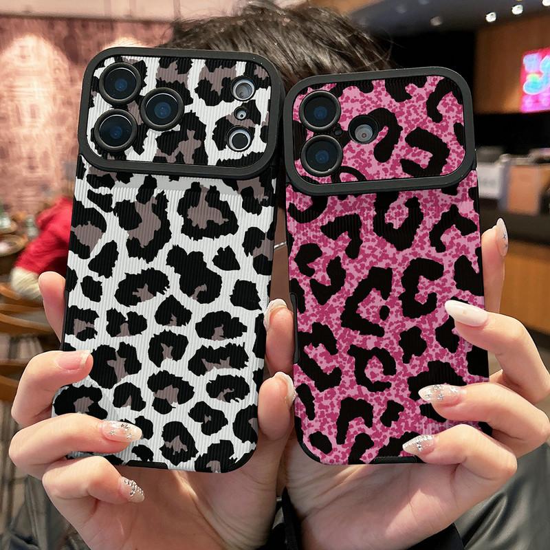 Fashion Leopard Printed Vertical Grain Leather Soft Silicone Phone Case Back Cover with Camera Lens Full Protection for iPhone 17
