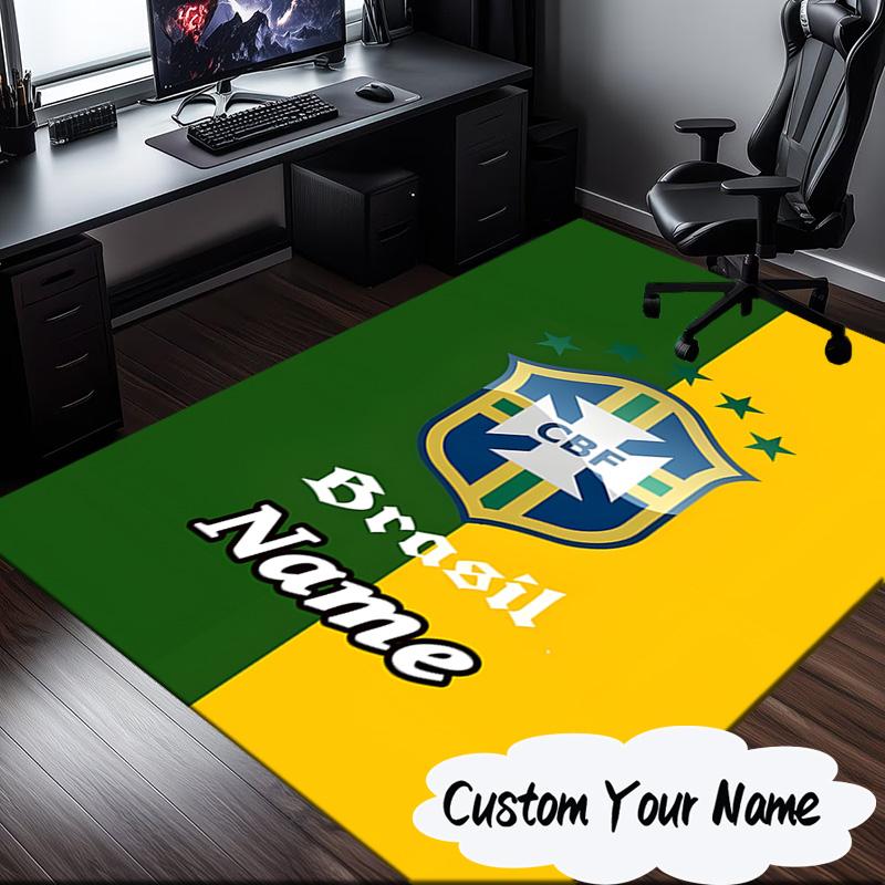 Custom Name Brasilian Pride Emblem Rug for Living Room, Game Rooms, Office, Bedroom, Floor Mat Playful Design, fan gifts Christmas decor