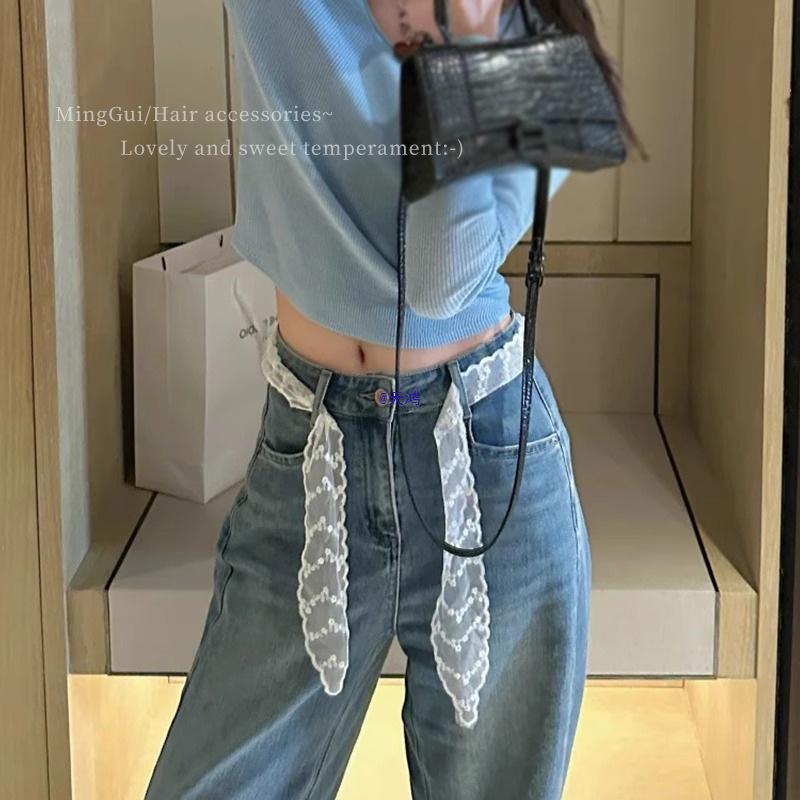 Korean Lace Trim Waist Scarf with Bowknot for Women's Jeans