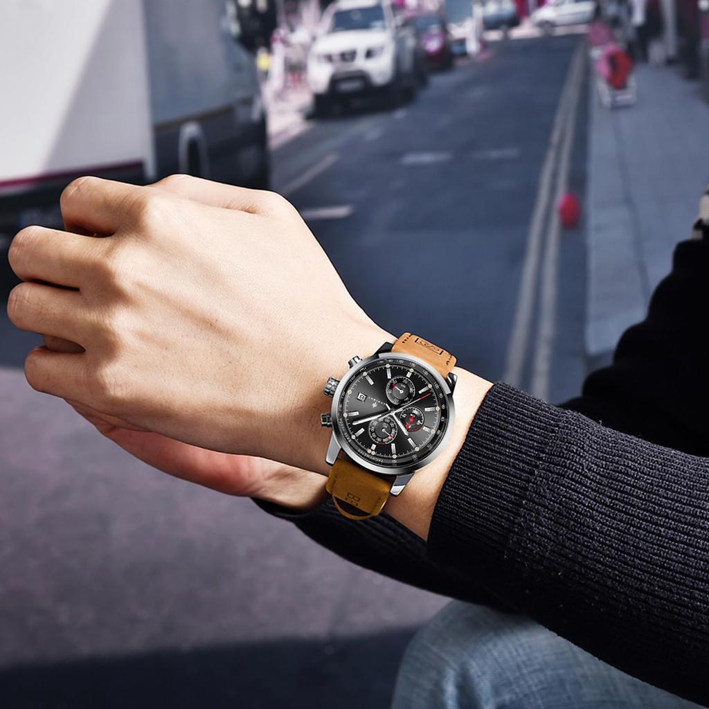 AKNIGHT Watch Genuine Leather Crystal Luminous Date Japanese Instruction Manual Men's - Stylish, Popular, Quartz, Strap, Chronograph, Display,