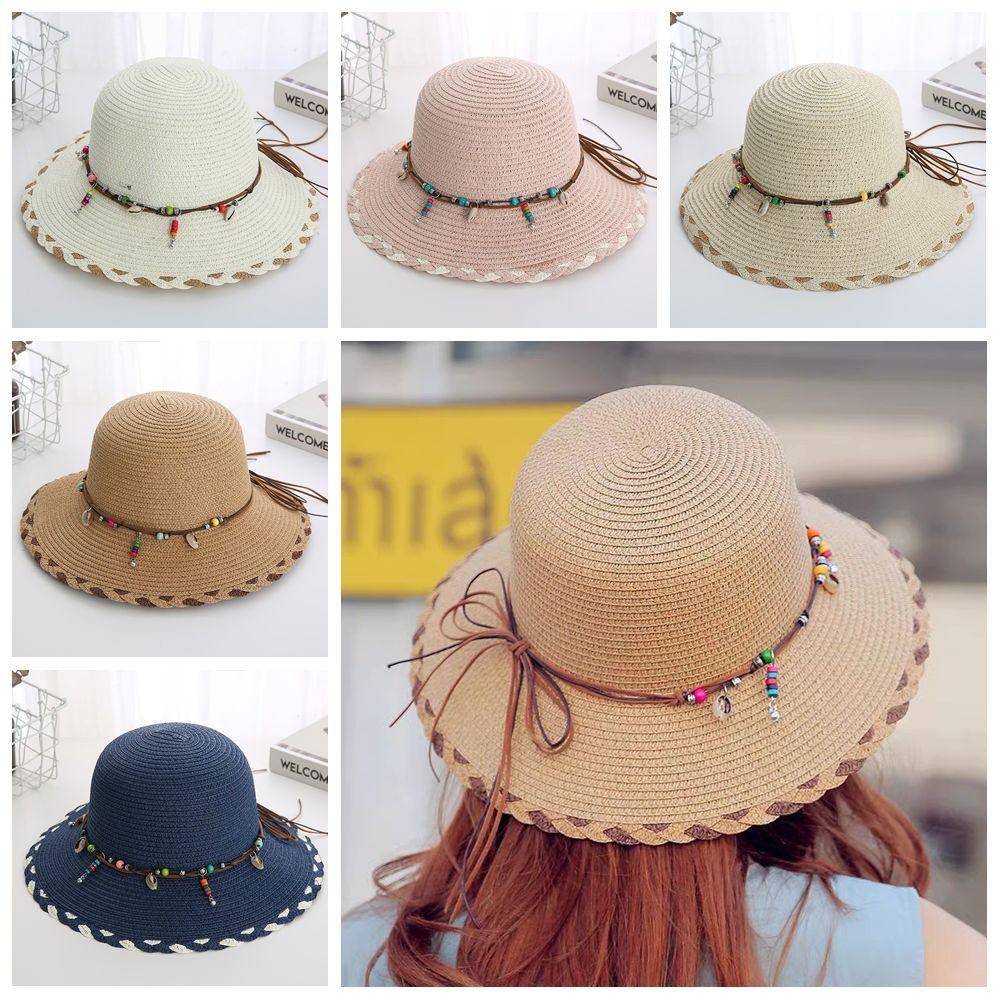 Wide Brim Folding Straw Hats Spring Summer Women's Sun Hat Bohemian Beaded Strap Straw Hat  Outdoor