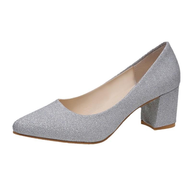 2025 Autumn Silver Sequin Pointed Toe Chunky Heel Plus Size Women's Flats
