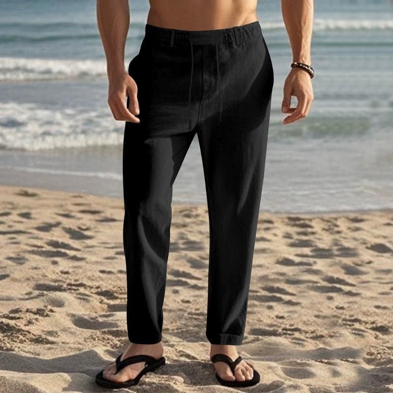 Summer Linen Straight Cut Leisure Pants for Men, Breathable Lightweight Beach Style Cotton-Linen Long Pants