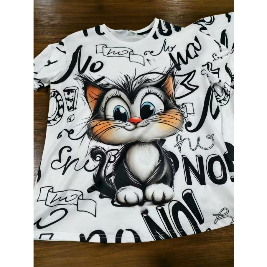 XL-7XL Plus Size Women's Men Cartoon Cat Casual 3D Print Loose V Neck Short Sleeved T-shirt Top