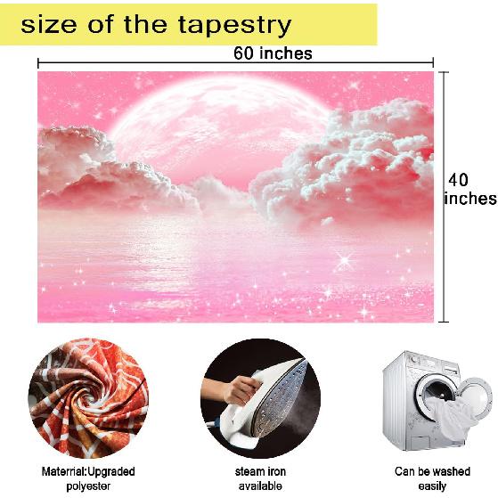 Pink Clouds Sky Tapestry Ocean Moon Stars Nature Landscape Tapestry Fantasy White Cloud Aesthetic Tapestries Wall Hanging for Girls Women Nursery