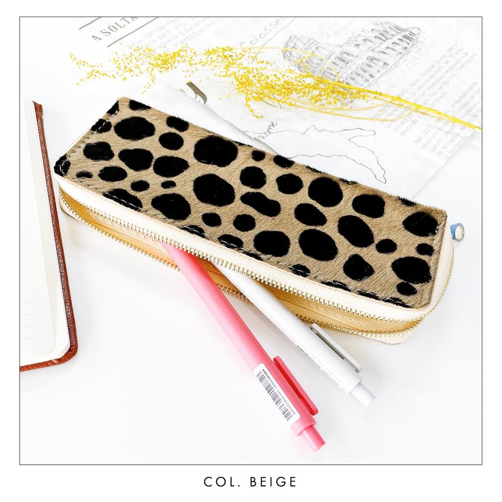 Genuine Leather Round Pencil Case, Slim, Compact, and Simple Design for Pens and Pencils, Cowhide Leather with a Dalmatian-like Design, White
