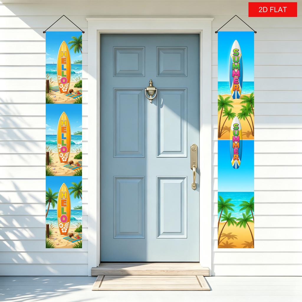 2D Flat, 2D Flat, 2D Flat Banner, 2pcs Hello Summer Summer Surfboard Doorway Hanging Flag Tropical Palm Tree Beach Ocean Front Door Decoration