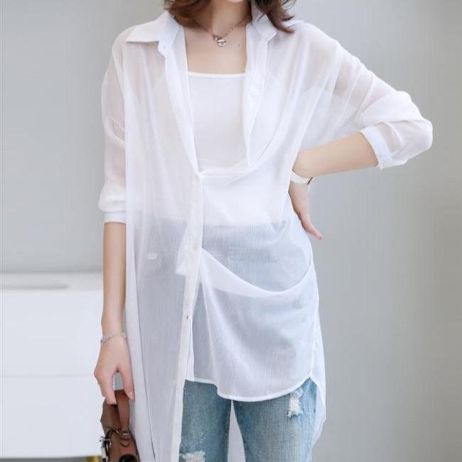 Sunscreen Clothing for Women Summer Thin Chiffon Cardigan with Long Sleeves Draped Over A Shawl Medium Length Shirt Collar Jacket