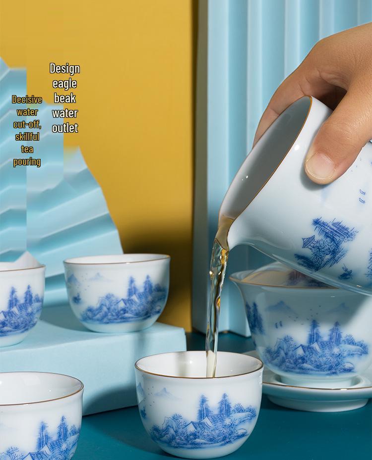 Celadon White Porcelain Tea Set with Gold Landscape: Complete Chinese Gaiwan Teapot and Teacup Set for Kung Fu Tea.