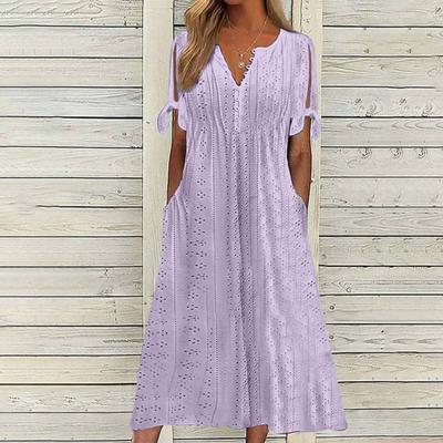 Zomer maxi-jurk voor dames, boho, knoopjes, V-hals, stropdas, korte mouwen, midi-jurk, zomerjurk, strandvakantie, zomerjurk