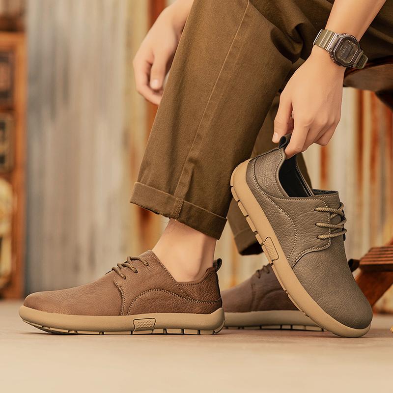 New Men's Soft Leather Casual Shoes Men Breathable Lace-Up Flat Heel Rubber Walking Shoes Fashion Comfortable Sneakers