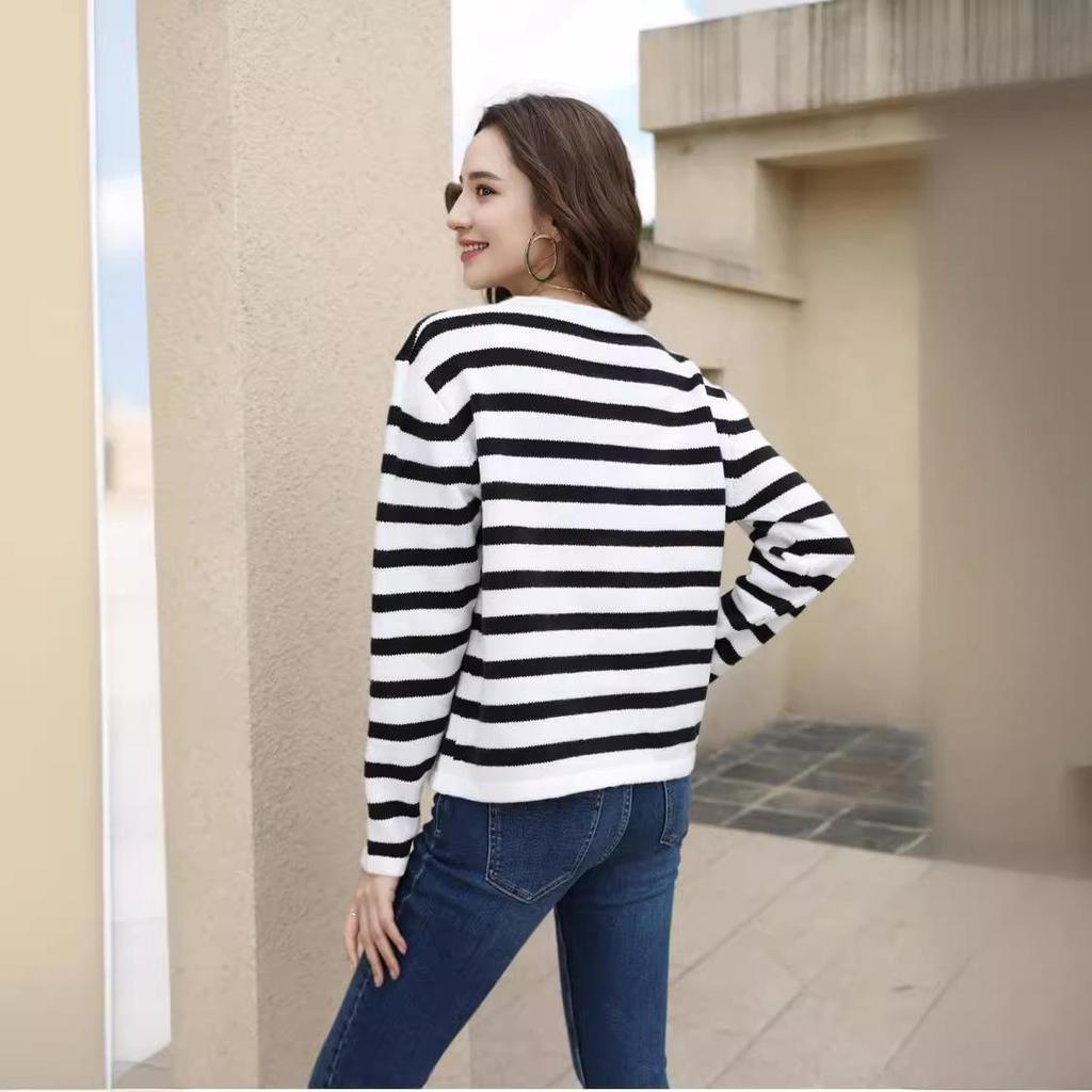 Women Autumn Sweaters O-neck Stripe Knitted Cardigan Fashion Long Sleeve Casual Short Tops