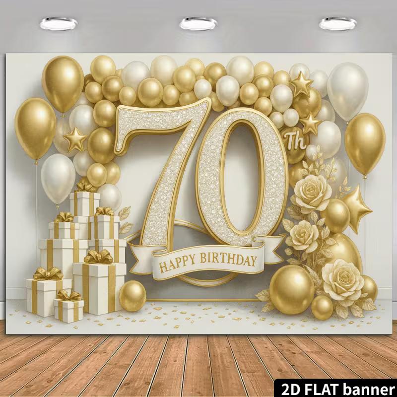 

2D Happy 70th Birthday Photography Backdrop, Gold Floral & Gift Background 47.2x31.5inch/120*80cm