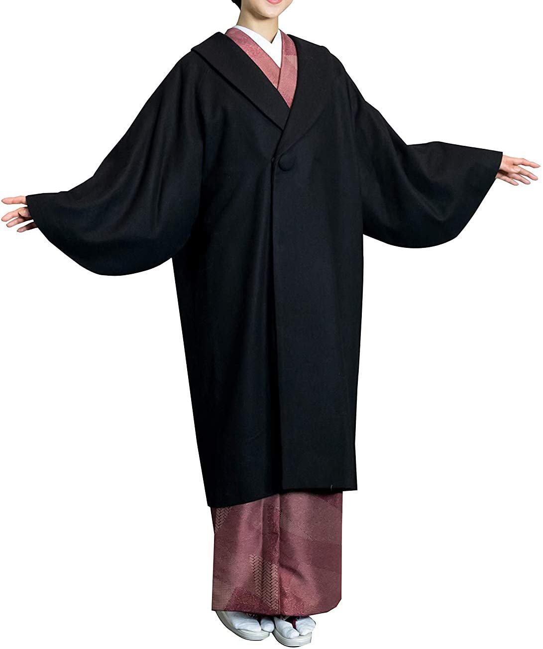 

Пальто в японском стиле с рукавами-долман из шерсти мочалки, женский размер [KYOETSU], воротник, рукава, смесовая ткань, 6, (М, черный) чёрный