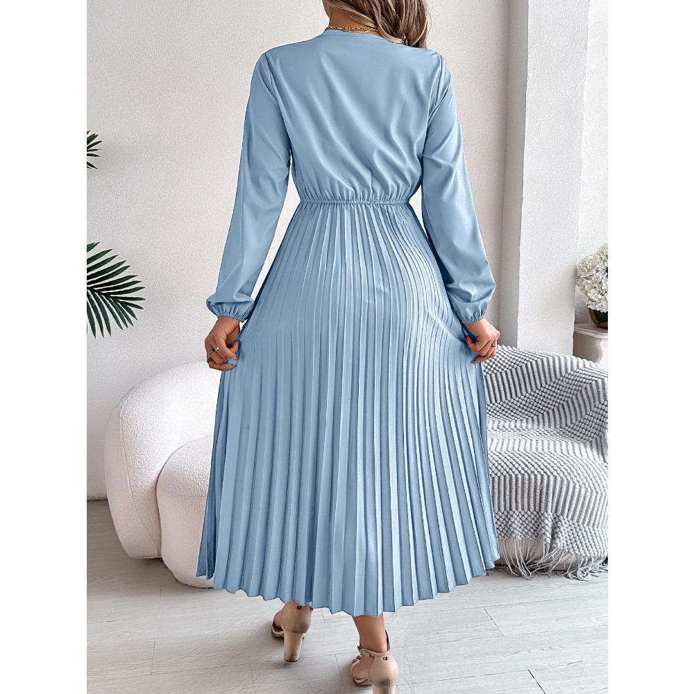 Spring and Summer Elegant Temperament V-neck Lace Waisted Pleated Long Women's Dresses Long Skirts