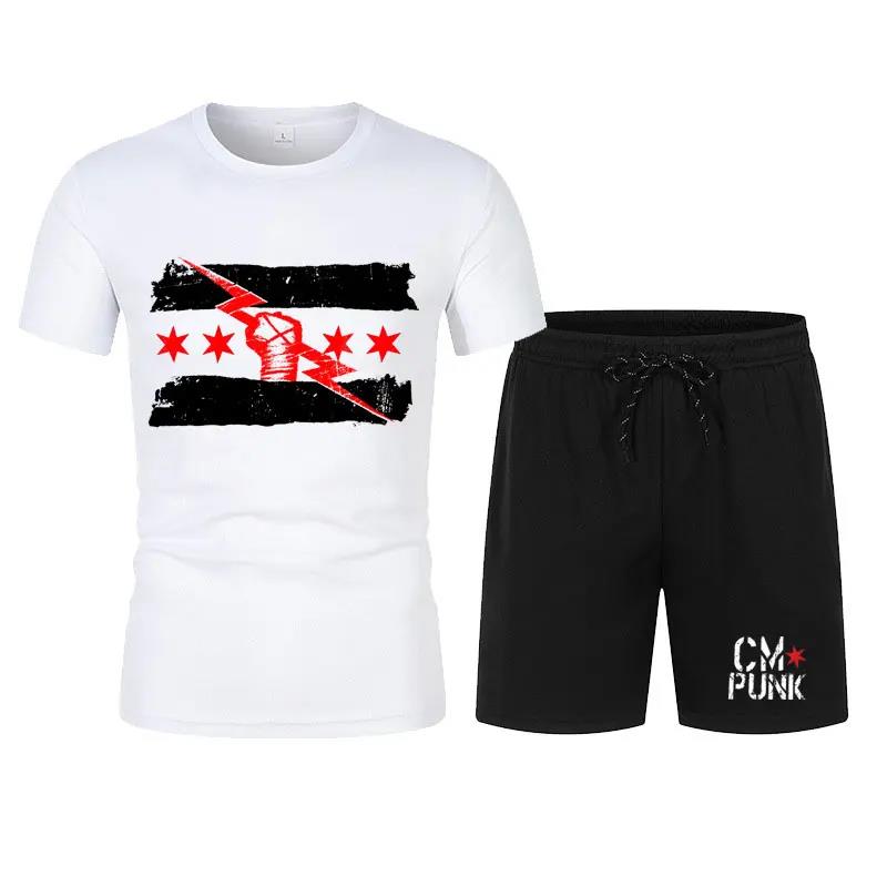 Herren Schwarz Return of CM Punk T-Shirt Shorts Set Sommer Kurzarm Mann Übergroße Anzüge 2024 Neue Mode Bekleidungssets