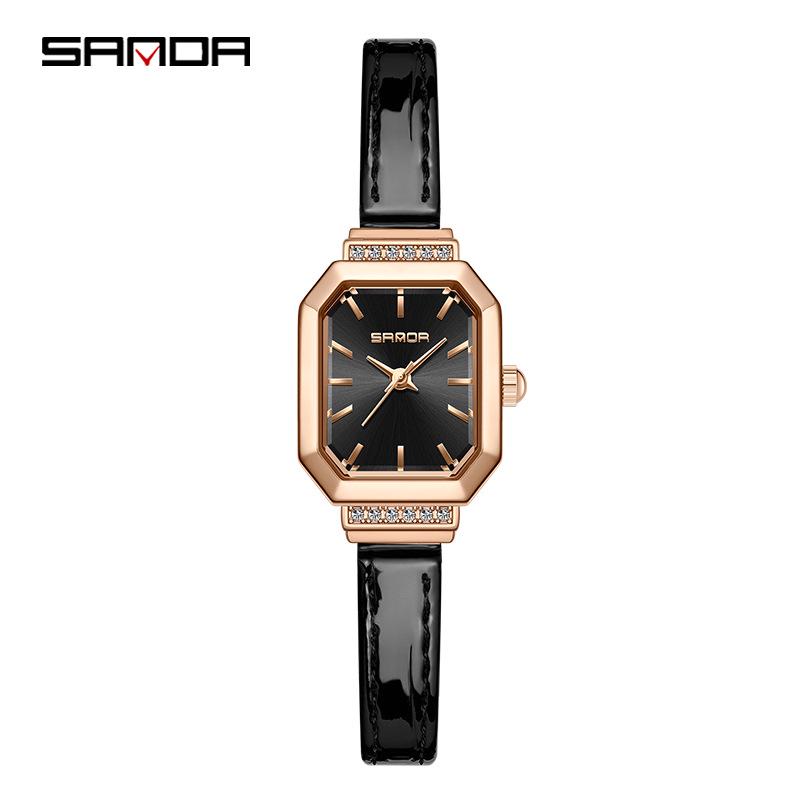 Sanda Ladies Gold Steel Quartz Watch with Diamond Inlaid Leather Band - Waterproof