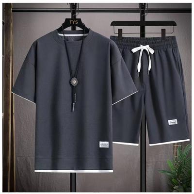 Waffle Short Sleeve Summer Casual Sports Men's Round Neck Sweatshirt Set Men T-shirt Shorts Two-piece Sets Male