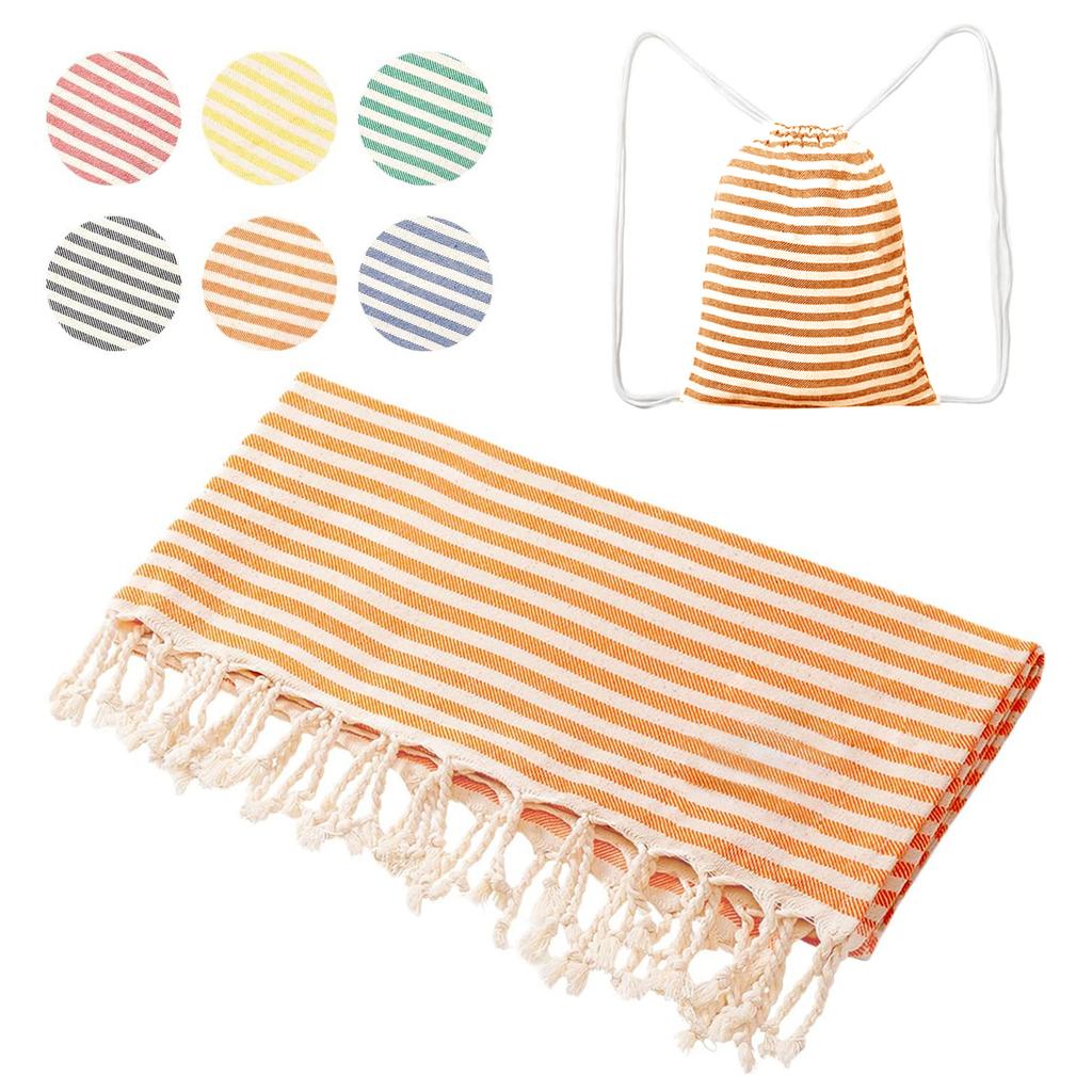 High Quality Custom Cotton Tassel Turkish Hammam Stripe Fouta Beach Towels Bag Printed Summer Use for Bath or Swim