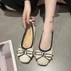 Retro små läderskor dam sommar nya avslappnade plattbottnade fyrkantig tå rosett enkelskor
