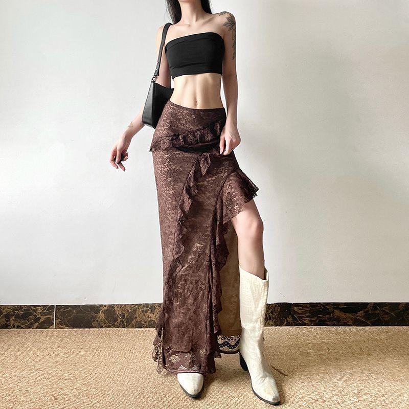 Design Sense Vintage Style Ruffled Cake Slit Skirt for Women Zipper Ruffle Edge Splicing for Slim Fit