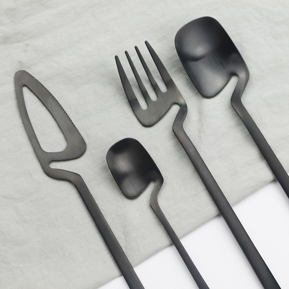 Black Portable Dinnerware Set Knife Fork Spoon Straw Set 304 Stainless Steel Travel Camping Dinnerware Set With Storage Bag