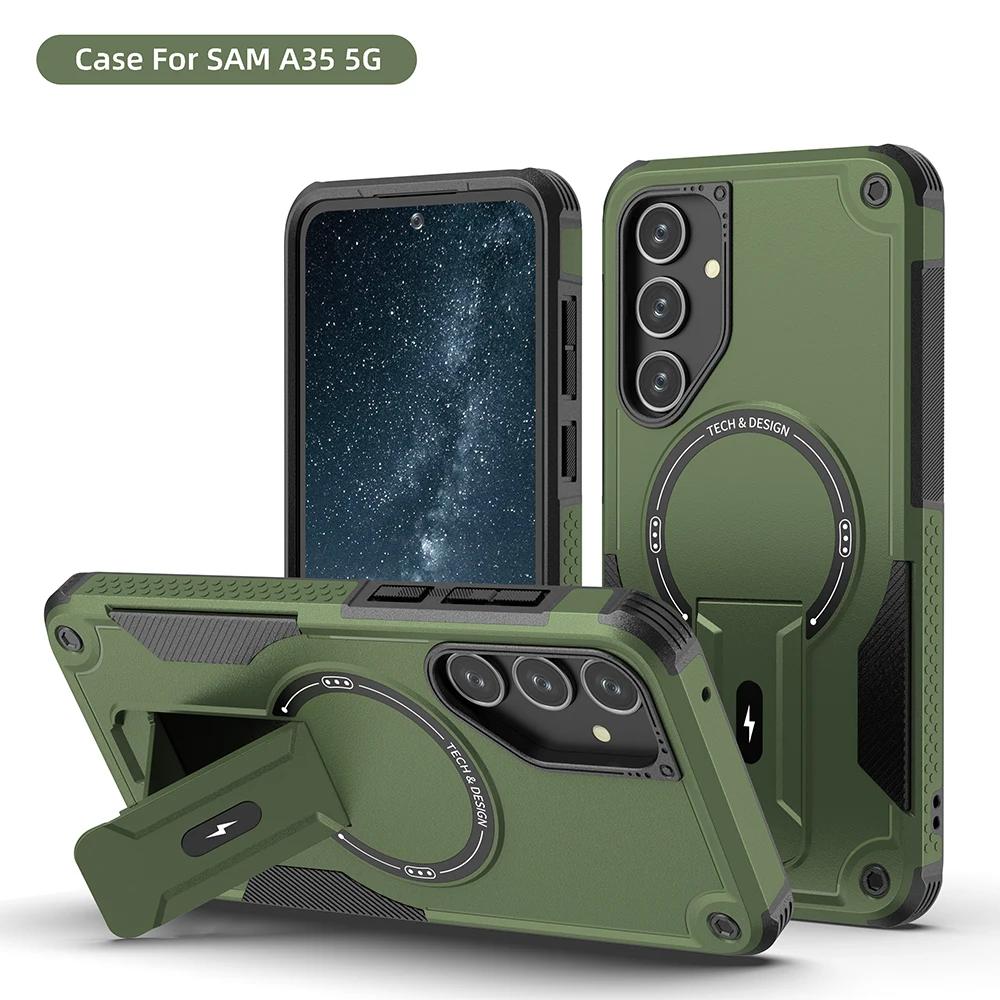 Armor Magnetische Telefoonhoesje voor Samsung Galaxy A55 A16 A35 A25 A05 A54 5G Magsafe Draadloos Opladen Met Standaard Schokbestendige Cover For Galaxy A16 groen