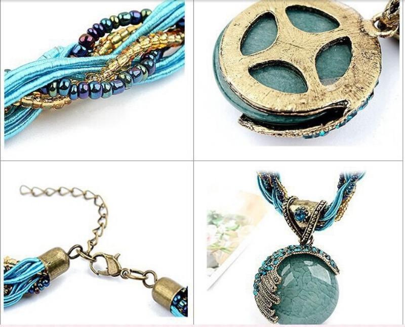1PC European and American Bohemian style imitation gemstone pendant necklace handmade rice beads woven ethnic style retro sweater chain