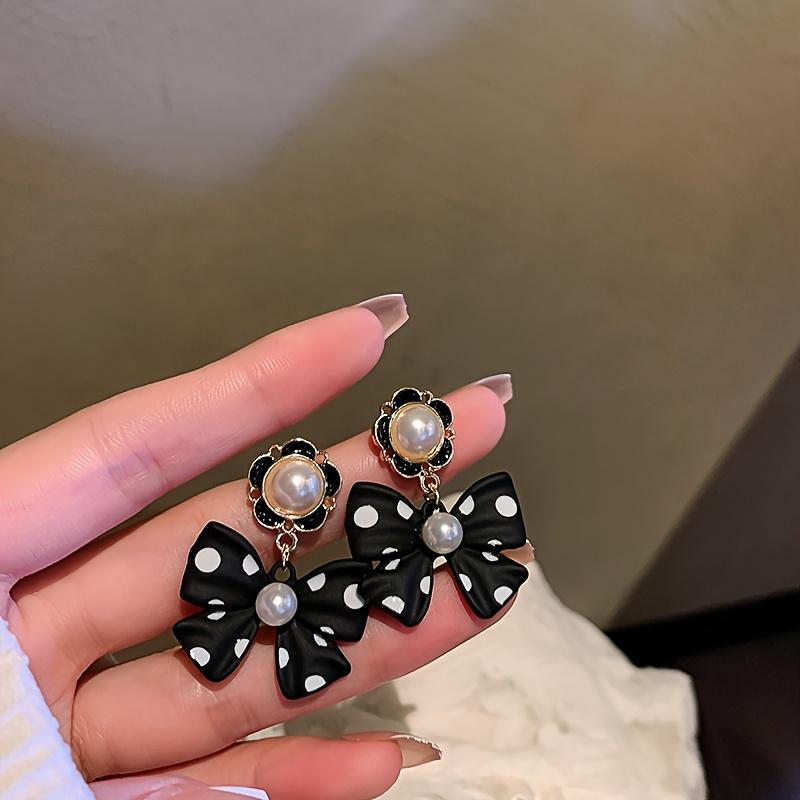 Black White Polka Dot Bow Earrings - Lightweight Fashion Studs, Cute Daily Wear Jewelry for Women, Trendy Accessories Gift