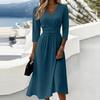 Women V Neck Midi Dress with Three Quarter Sleeves Back Zipper Closure Solid Pattern Casual Fit for Daily Wear Office Events