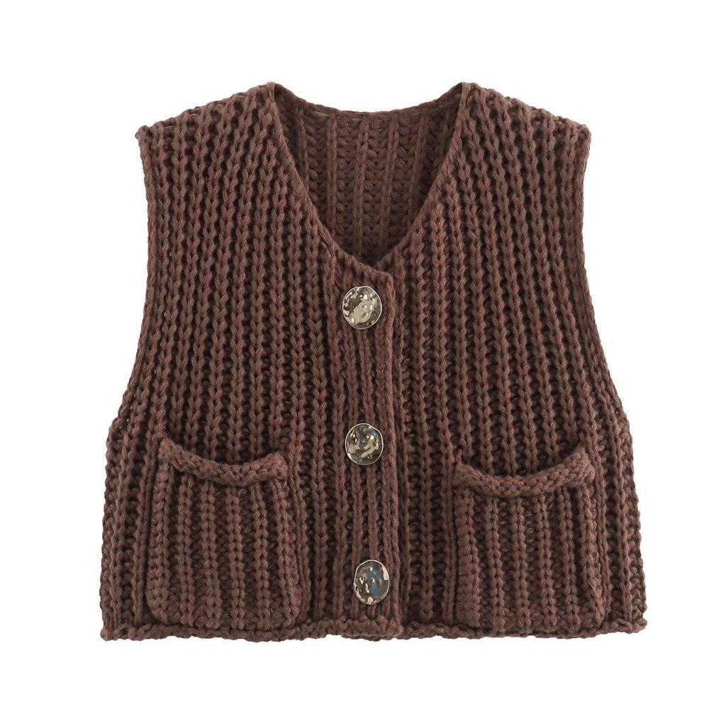 Women's V-Neck Chunky Knit Sleeveless Cardigan Vest - European & American Style, Autumn/Winter 2025