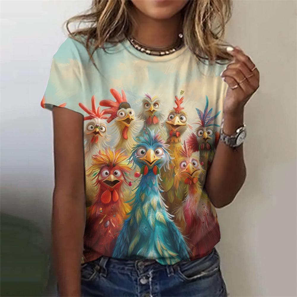 Cute Chicken Pattern T-shirt Women Funny Animal 3d Printed T-shirt Summer Fashion O-neck Top Short Sleeve